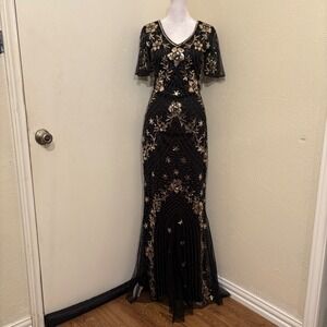 Fundaisy Black Gold Sequin Beaded Mermaid Gown V-Neck Floor Length Dress M